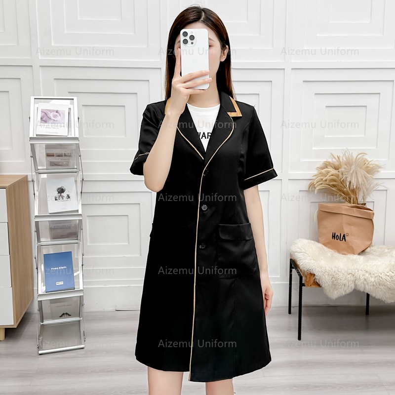 Uniforme de beleza preto com r - Medical Lab Coats avaliação e preço